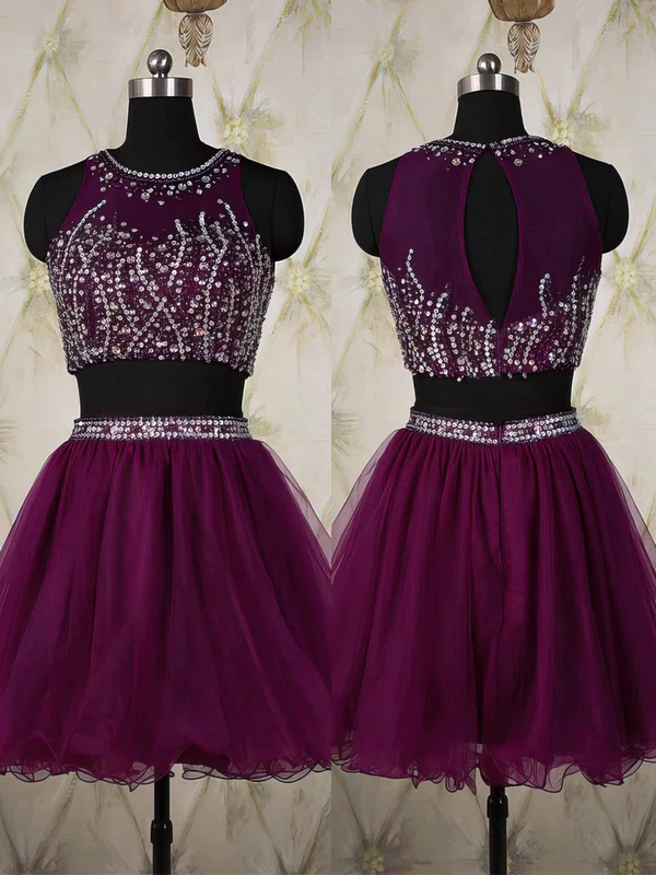 Scoop Neck Grape Tulle Short/Mini Crystal Detailing Two-pieces Prom Dress #Milly020101820