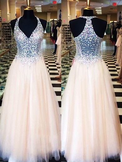 Princess V-neck Tulle Floor-length Crystal Detailing Prom Dresses #Milly020101835
