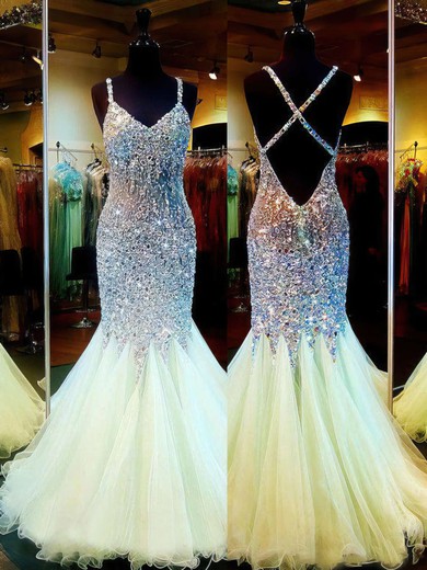 Trumpet/Mermaid V-neck Tulle Floor-length Crystal Detailing Prom Dresses #Milly020101840