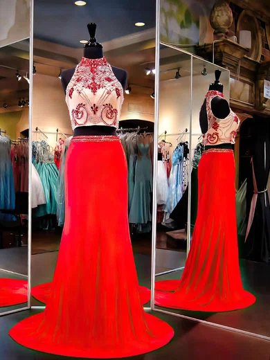 Mermaid High Neck Chiffon Two Piece Prom Dresses With Beading #Milly020101843