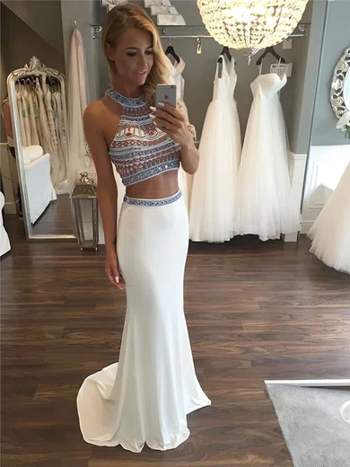 Sheath/Column Scoop Neck Jersey Sweep Train Beading Prom Dresses #Milly020101850