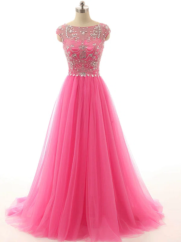 Ball Gown Scoop Neck Tulle Sweep Train Beading Prom Dresses #Milly020101856