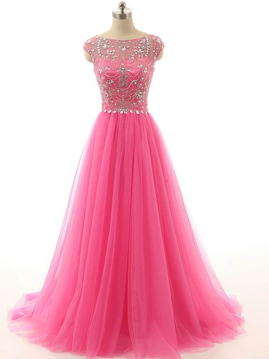 Princess Scoop Neck Tulle Sweep Train Beading Prom Dresses #Milly020101856