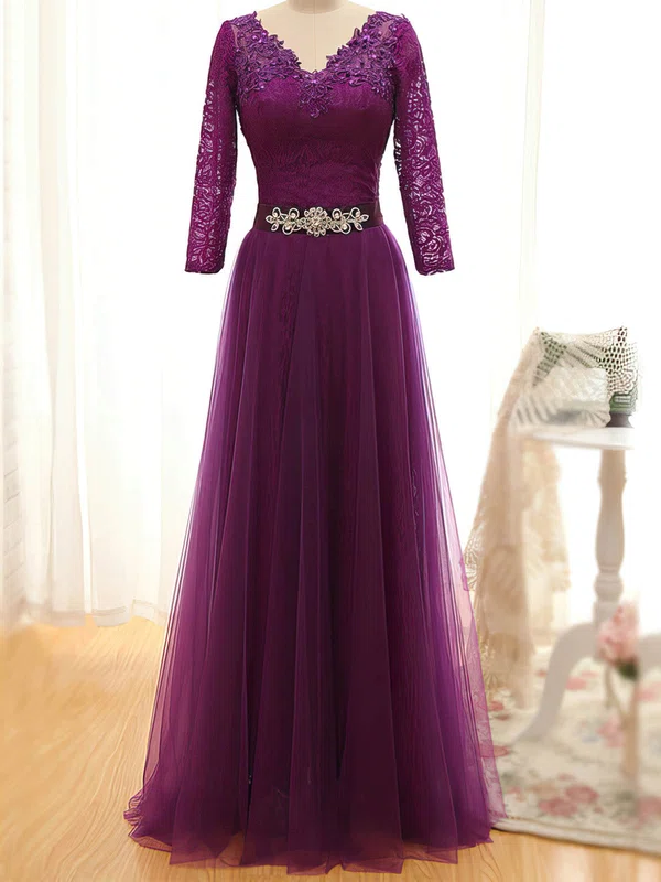 Ball Gown V-neck Lace Tulle Floor-length Beading Prom Dresses #Milly020101859