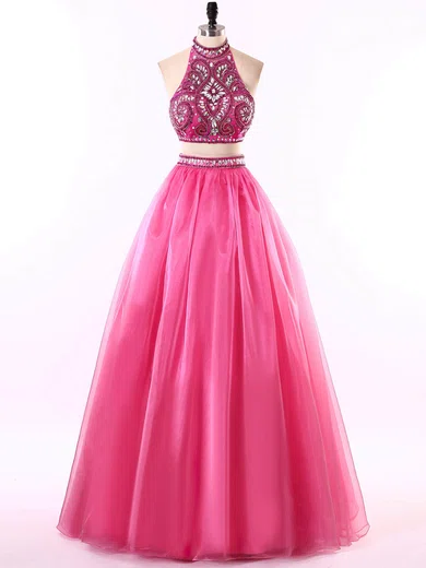 Ball Gown High Neck Tulle Two Piece Prom Dresses With Beading #Milly020101860