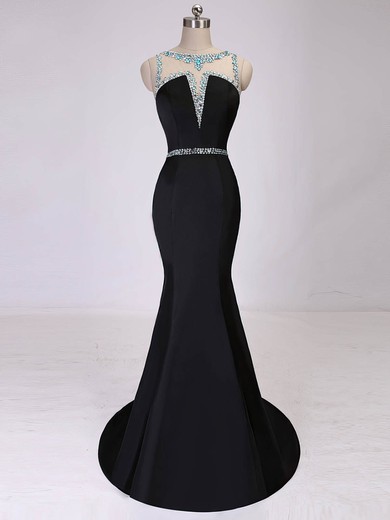 Trumpet/Mermaid Scoop Neck Satin Sweep Train Beading Prom Dresses #Milly020101875