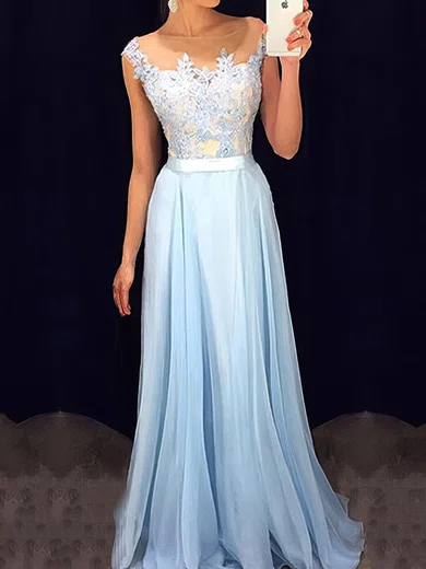 A-line Illusion Floor-length Chiffon Prom Dresses With Appliques #Milly020101989