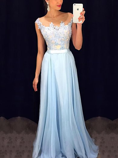 A-line Scoop Neck Chiffon Floor-length Appliques Lace Prom Dresses #Milly020101989