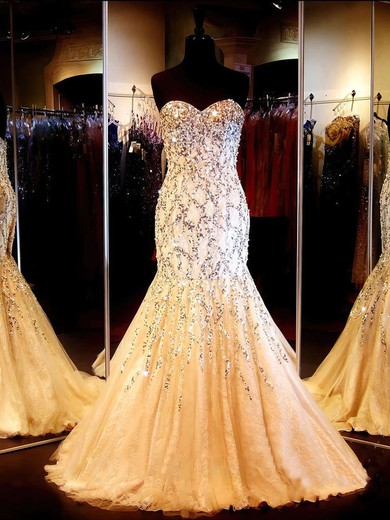 Trumpet/Mermaid Sweetheart Lace Tulle Sweep Train Beading Prom Dresses #Milly02023522