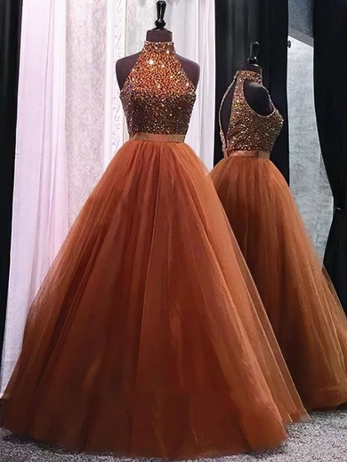Open Back Tulle with Beading Ball Gown Modest High Neck Prom Dresses #Milly020102032