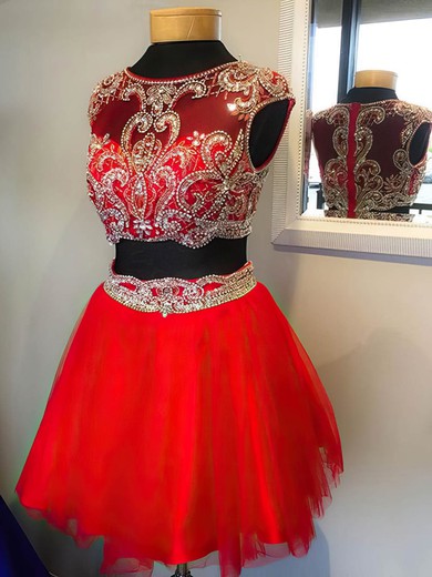 Two Piece Red Scoop Neck Tulle Beading Short/Mini Prom Dresses #Milly020102039