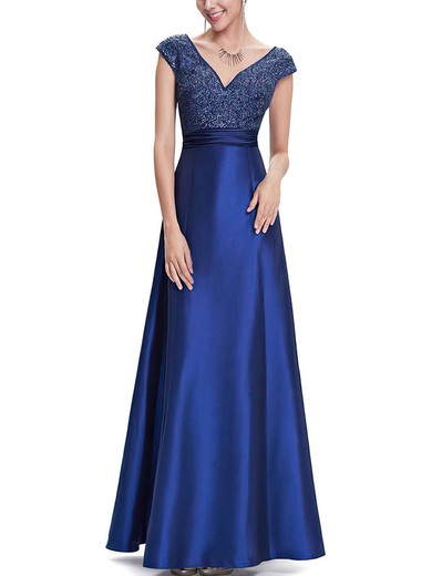 A-line V-neck Satin Ankle-length Beading Prom Dresses #Milly020102045