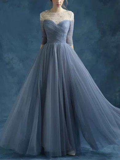 A-line Scoop Neck Tulle Floor-length Beading Prom Dresses #Milly020102046