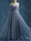 A-line Scoop Neck Tulle Floor-length Beading Prom Dresses #Milly020102046