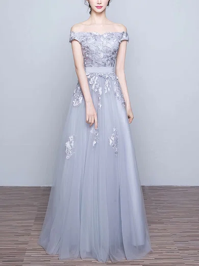 A-line Off-the-shoulder Tulle Floor-length Prom Dresses With Appliques Lace #Milly020102047