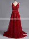Princess V-neck Tulle Sweep Train Appliques Lace Prom Dresses #Milly020102048