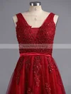 Princess V-neck Tulle Sweep Train Appliques Lace Prom Dresses #Milly020102048