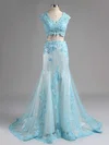 V-neck Tulle Elastic Woven Satin Appliques Lace New Arrival Trumpet/Mermaid Two Piece Prom Dresses #Milly020102049