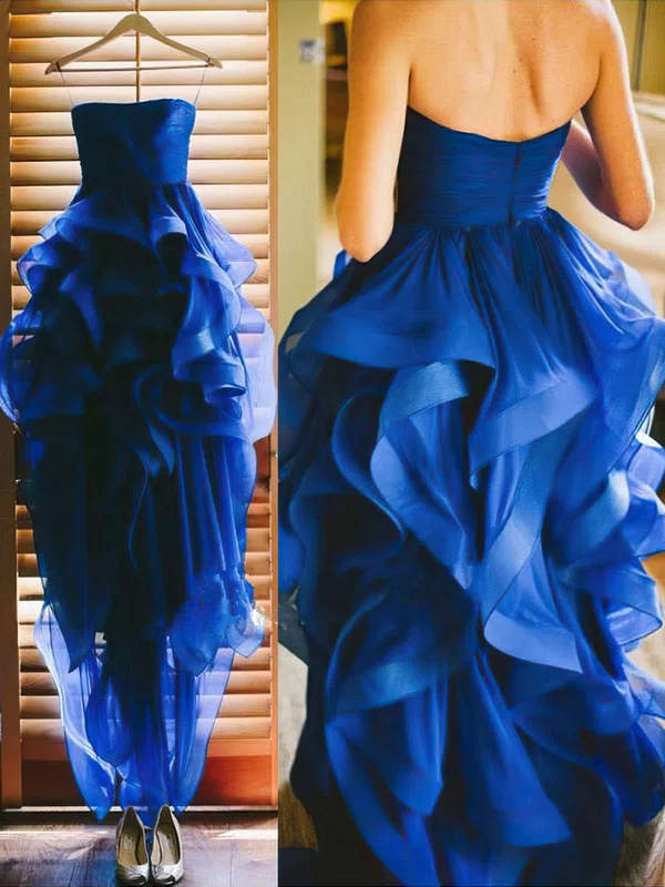 A-line Strapless Tulle Asymmetrical Cascading Ruffles Prom Dresses #Milly020102052