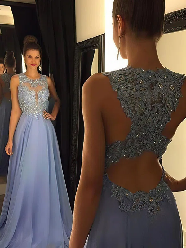 A-line Sweep Train Scoop Neck Chiffon Tulle Beading Prom Dresses #Milly020102055
