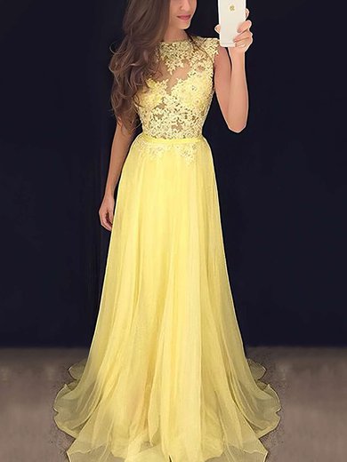 A-line Sweep Train Scoop Neck Chiffon Appliques Lace Prom Dresses #Milly020102057