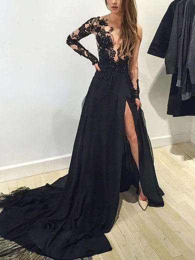 A-line Sweep Train Scoop Neck Chiffon Tulle Long Sleeves Appliques Lace Prom Dresses #Milly020102059