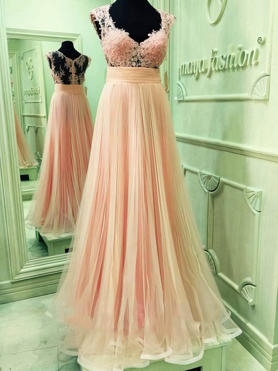 V-neck Pink Tulle Floor-length with Appliques Lace Online Prom Dress #Milly020102061