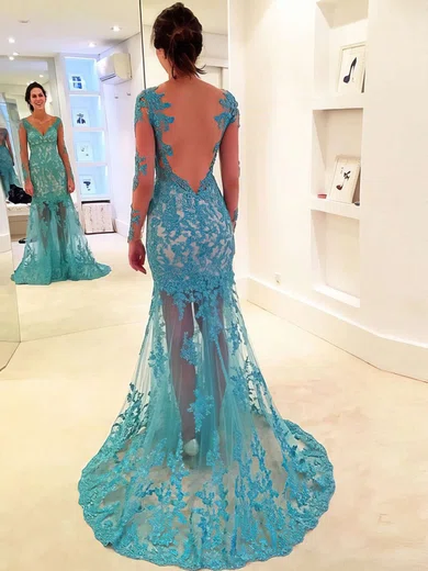 Trumpet/Mermaid V-neck Tulle Sweep Train Appliques Lace Prom Dresses #Milly020102064