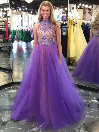 Princess High Neck Tulle Floor-length Beading Prom Dresses #Milly020102068
