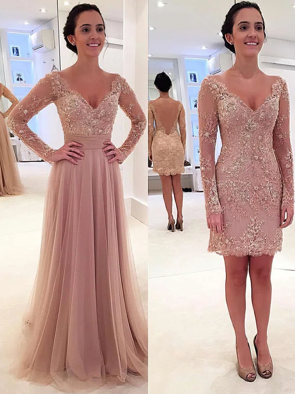 A-line V-neck Tulle Detachable Appliques Lace Prom Dresses #Milly020102076