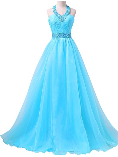 Princess Halter Organza Sweep Train Beading Prom Dresses #Milly020102079