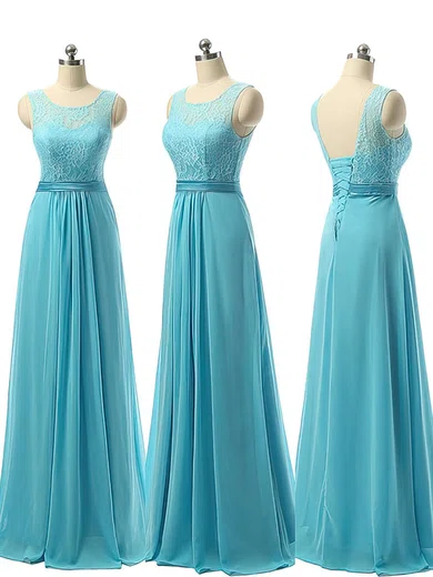 Affordable A-line Scoop Neck Chiffon with Lace Blue Long Bridesmaid Dresses #Milly01012730