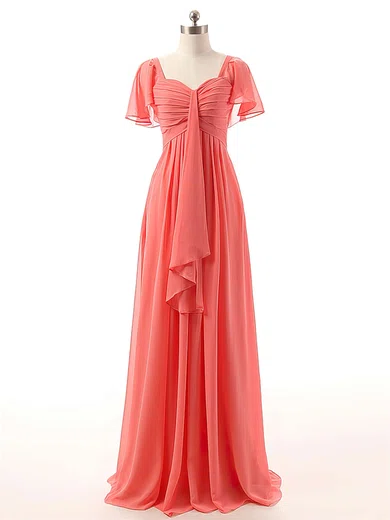 A-line Sweetheart Watermelon Chiffon Ruffles Short Sleeve Bridesmaid Dresses #Milly01012732