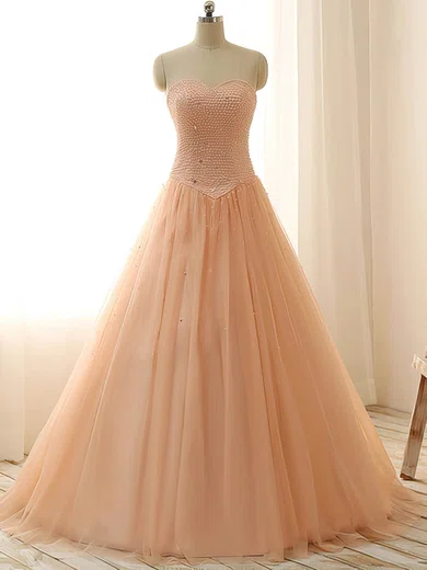 Ball Gown Strapless Tulle Beaded Prom Dresses With Ruched #Milly020102085