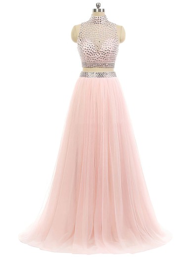 A-line High Neck Tulle Sweep Train Beading Prom Dresses #Milly020102117