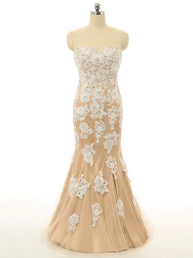 Mermaid Strapless Tulle Beaded Prom Dresses With Appliques #Milly020102118