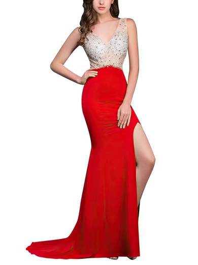 Trumpet/Mermaid V-neck Chiffon Tulle with Beading Red Backless Prom Dress #Milly020102119