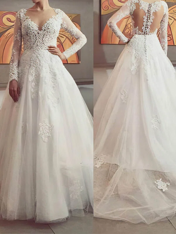 Ball Gown/Princess V-neck Tulle Sweep Train Wedding Dresses With Appliques Lace #Milly00022500