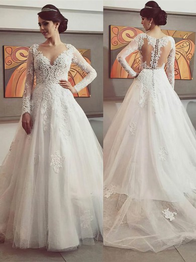 Princess Long Sleeve V-neck Tulle with Appliques Lace Fashion Wedding Dresses #Milly00022500