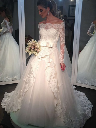 New Style Princess Tulle Appliques Lace Long Sleeve Off-the-shoulder Wedding Dresses #Milly00022502