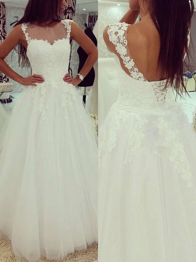 A-line Scoop Neck Tulle Appliques Lace Gorgeous White Wedding Dress #Milly00022503