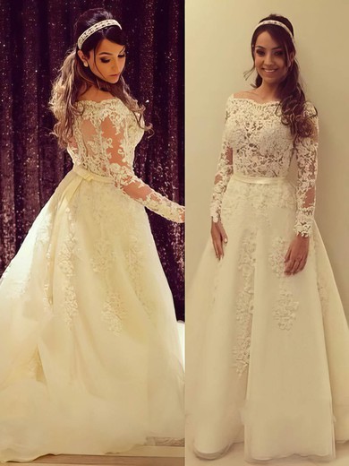Off-the-shoulder Tulle Appliques Lace A-line Beautiful Long Sleeve Wedding Dress #Milly00022504