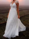 A-line V-neck Chiffon Sweep Train Wedding Dresses With Beading #Milly00022505