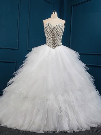 Ball Gown V-neck Tulle Chapel Train Wedding Dresses With Crystal Detailing #Milly00022509