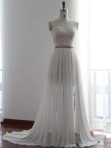 Sheath/Column Sweetheart Chiffon Sweep Train Wedding Dresses With Lace #Milly00022510