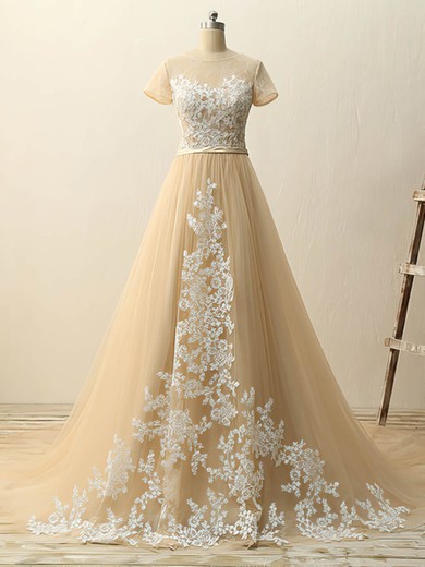 Princess Champagne Tulle Court Train Appliques Lace Short Sleeve Wedding Dresses #Milly00022511