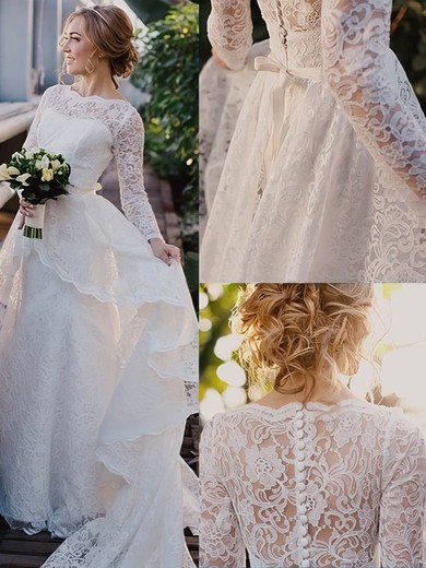 Beautiful Scalloped Neck Lace Sweep Train Sashes / Ribbons Long Sleeve Wedding Dresses #Milly00022513
