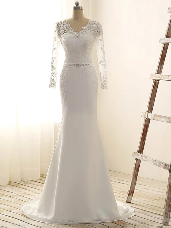 Trumpet/Mermaid V-neck Chiffon Sweep Train Wedding Dresses With Appliques Lace #Milly00022515