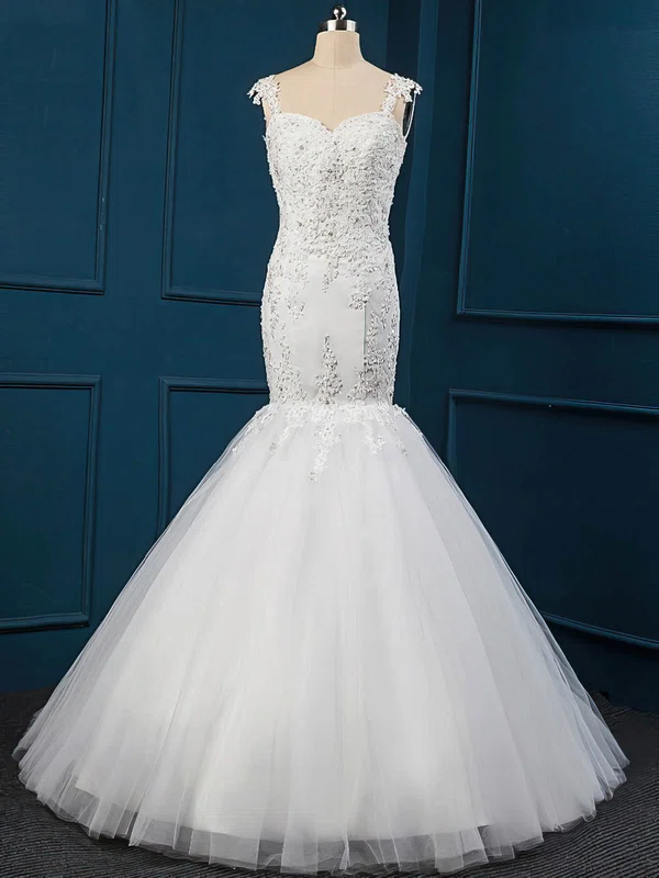 Trumpet/Mermaid Sweetheart Tulle Sweep Train Wedding Dresses With Appliques Lace #Milly00022516