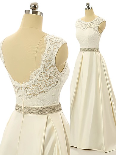 Popular Scoop Neck Elastic Woven Satin Sweep Train Sashes / Ribbons Open Back Wedding Dress #Milly00022517
